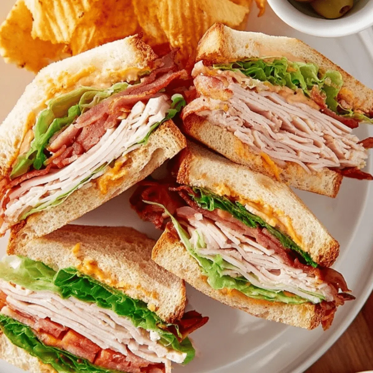 Classic club sandwich on a plate, layered with turkey, bacon, lettuce, tomato, and toasted bread.