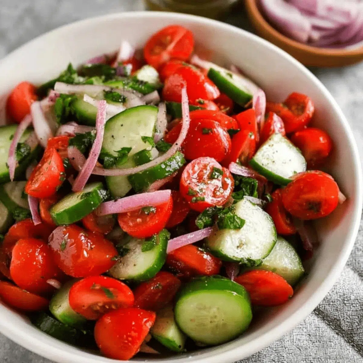 Refreshing cucumber tomato salad with fresh basil.