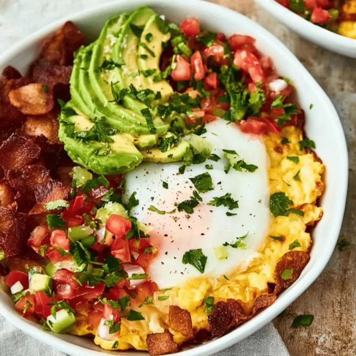 Healthy high-protein breakfast bowl with fresh fruit, nuts, and seeds.