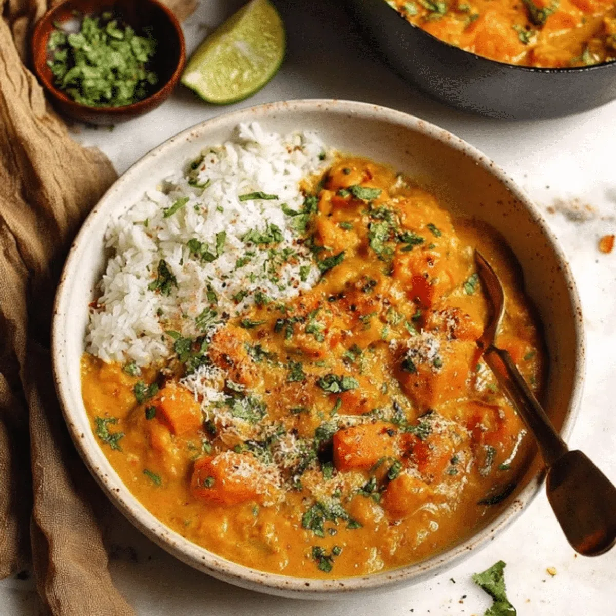 Creamy Indian pumpkin curry served in a bowl.