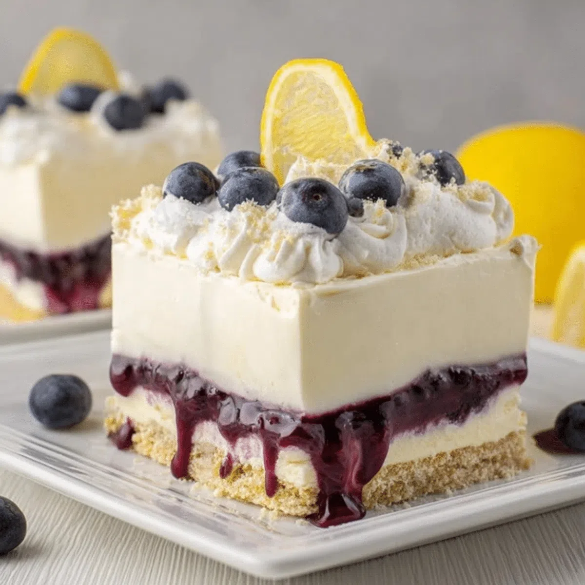 Refreshing lemon blueberry no-bake dessert garnished with fresh berries.
