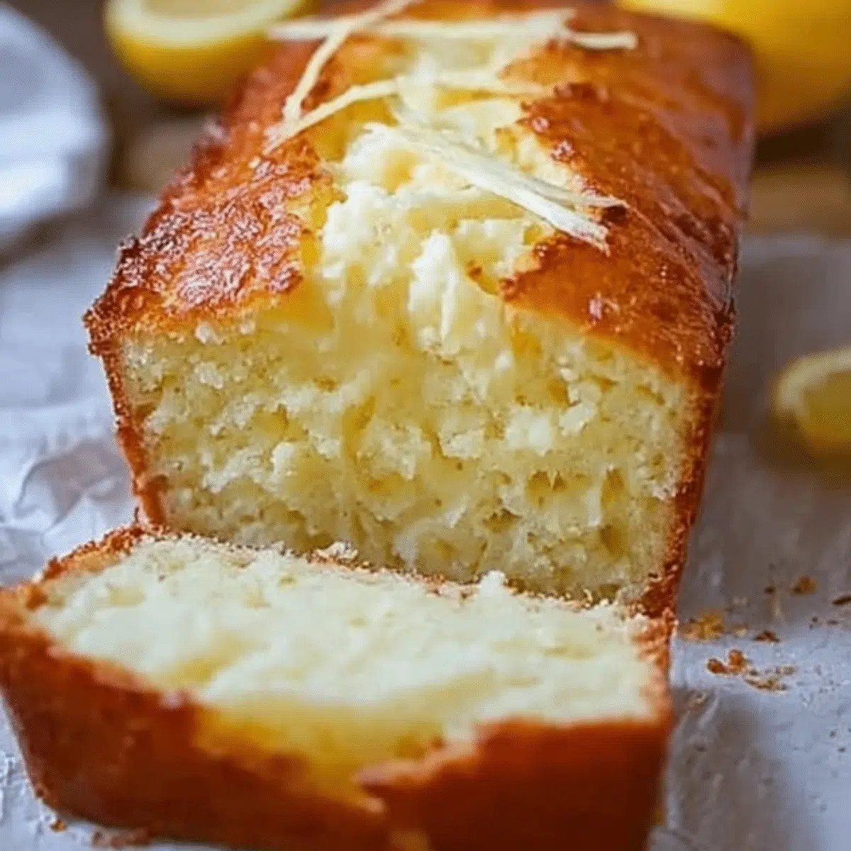 Zesty lemon cream cheese bread loaf, freshly baked and creamy.