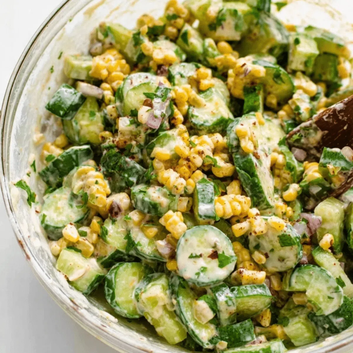 Vibrant Mexican cucumber salad in a bowl, garnished with cilantro and lime.