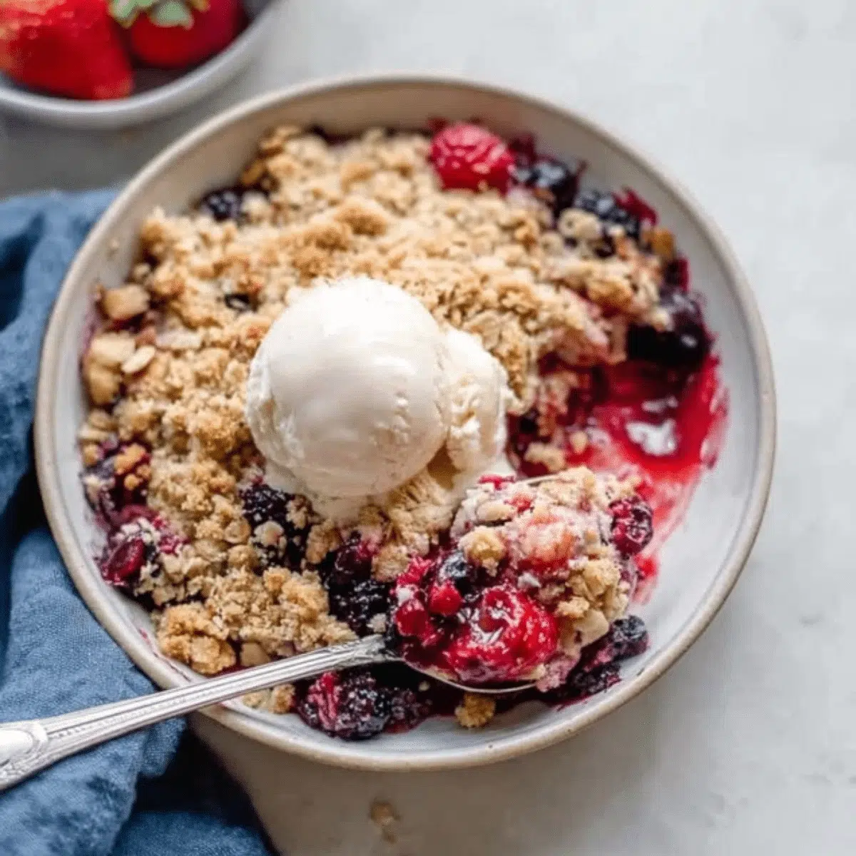 Freshly baked mixed berry crisp with a golden crumble topping.