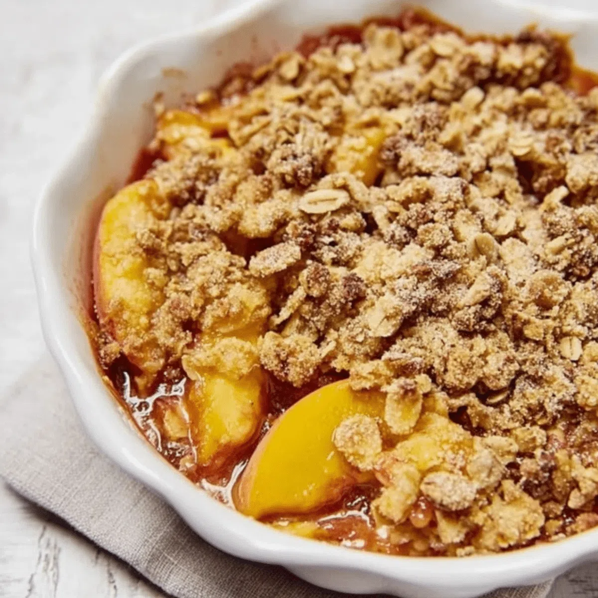 Bubbly nectarine crisp with golden cinnamon oat topping.