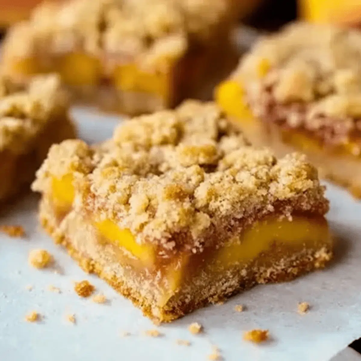 Golden nectarine crumble bars with crumbly streusel topping.