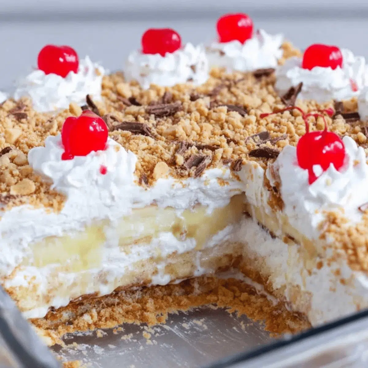 Delicious No Bake Banana Split Cake with layers of banana, pineapple, strawberries, and whipped topping.