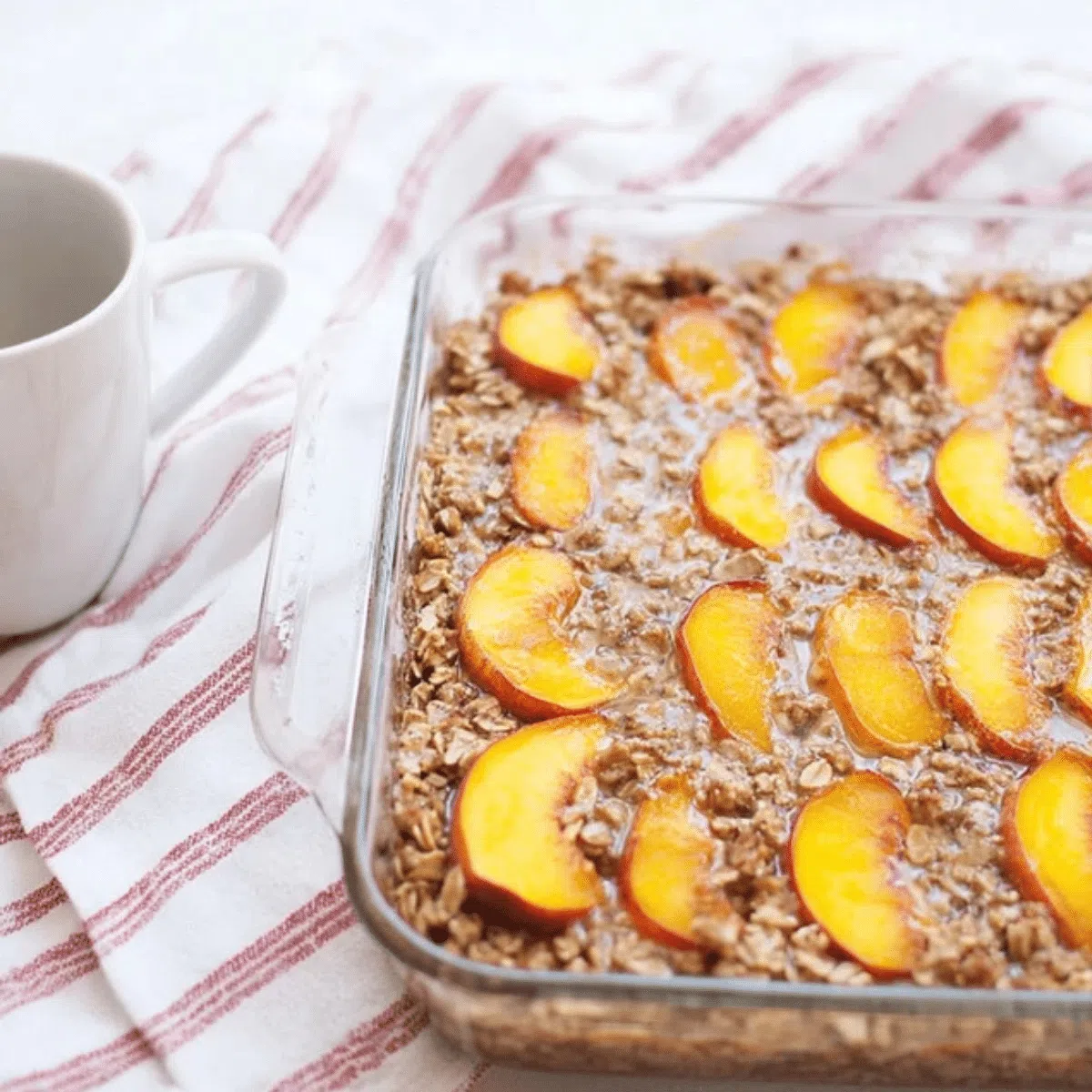 Warm peach baked oatmeal, a healthy breakfast
