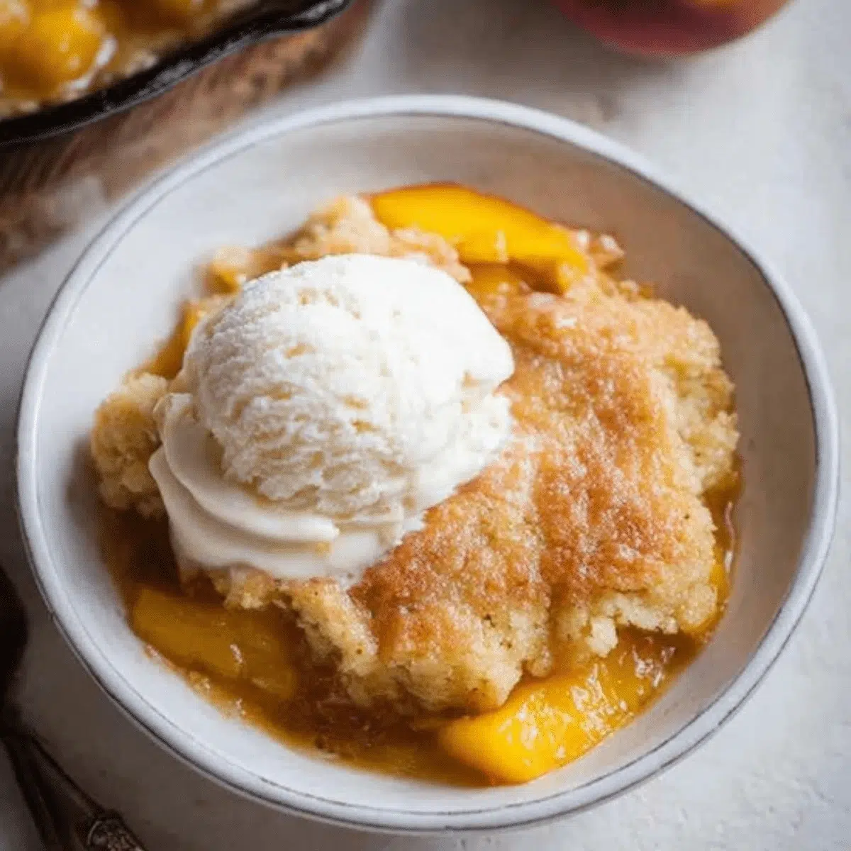 Freshly baked peach cobbler with a golden, bubbly topping in a rustic dish.