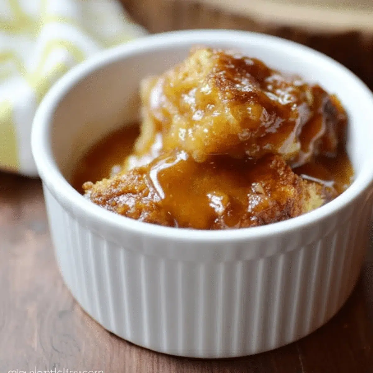 Warm pumpkin bread pudding with rich brown sugar sauce.