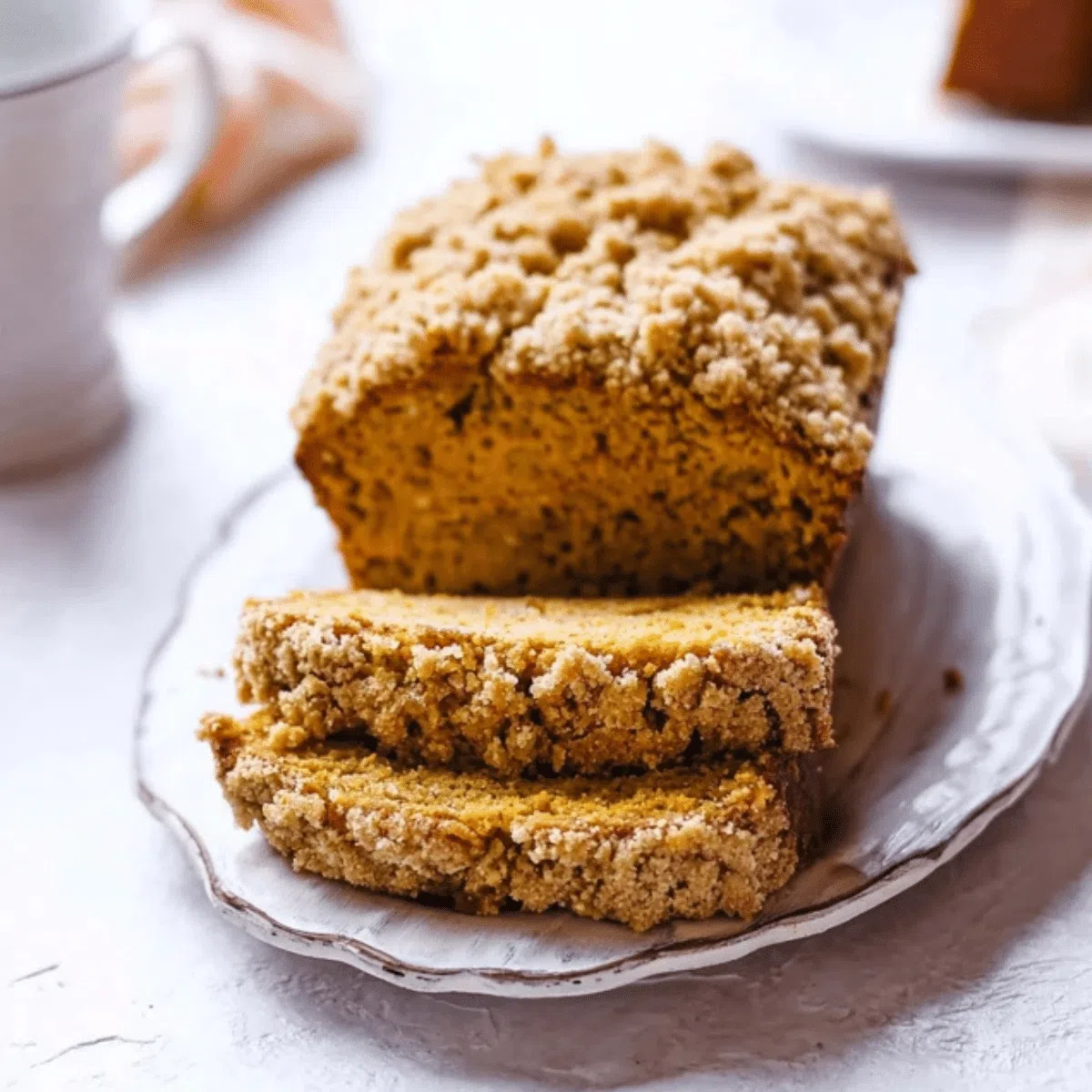 Moist pumpkin bread slice with crumb topping