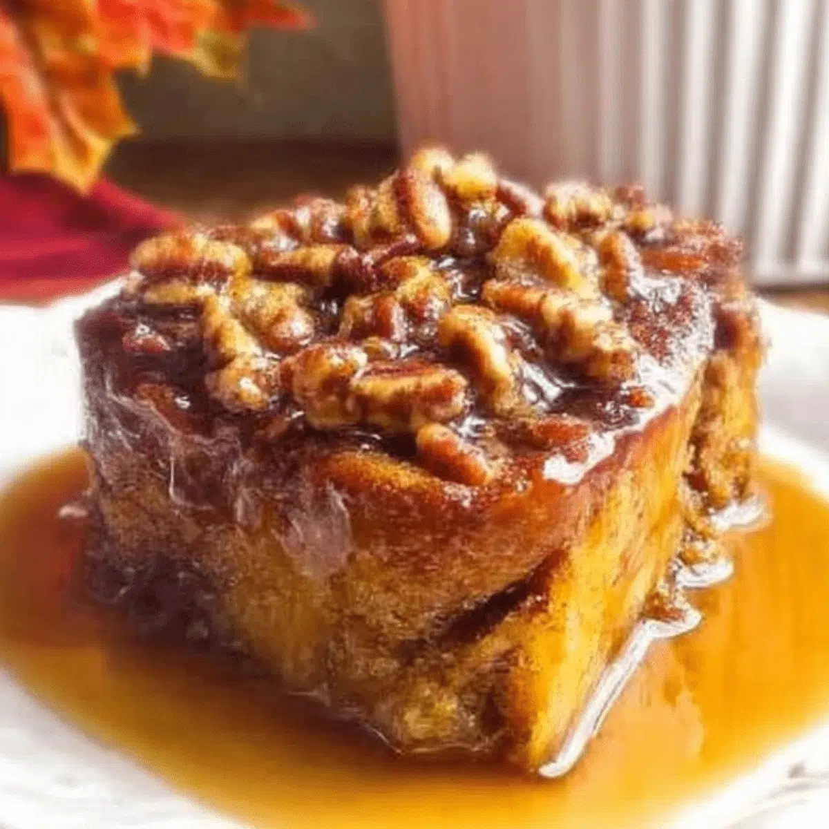Warm pumpkin praline bread pudding with a caramel drizzle and candied pecans.
