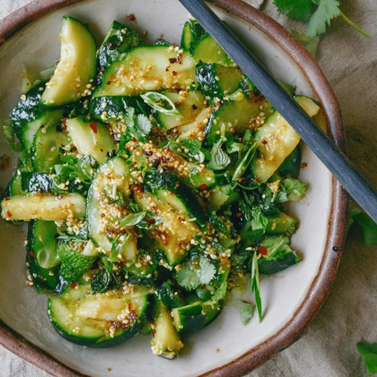 Smashed Asian cucumber salad with chili oil and sesame seeds in a bowl
