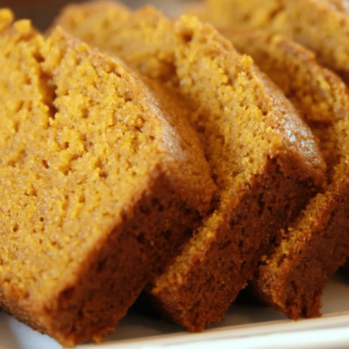 Moist sour cream pumpkin bread slice on a fall-themed plate.