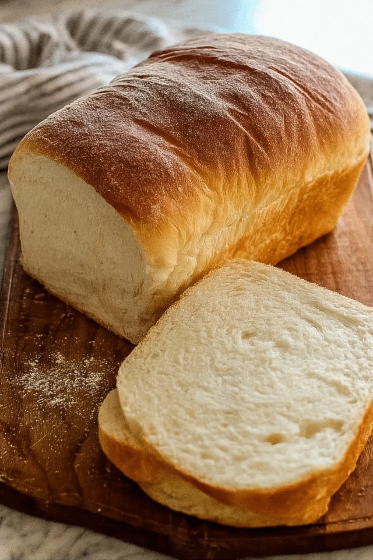 Soft, flavorful homemade sourdough sandwich bread loaf, freshly baked and sliced.