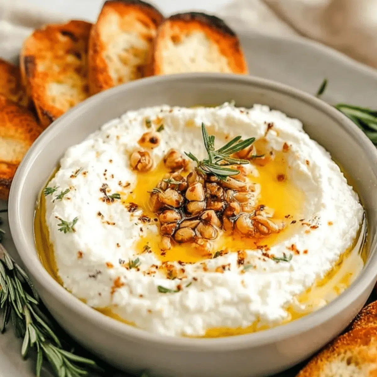 Spicy ricotta dip drizzled with hot honey, served with crusty bread on a platter.