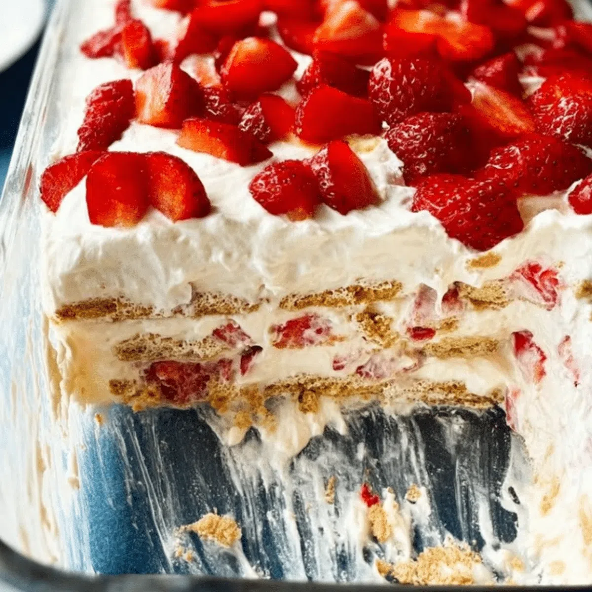 Slice of no-bake strawberry icebox cake with whipped cream and fresh berries.