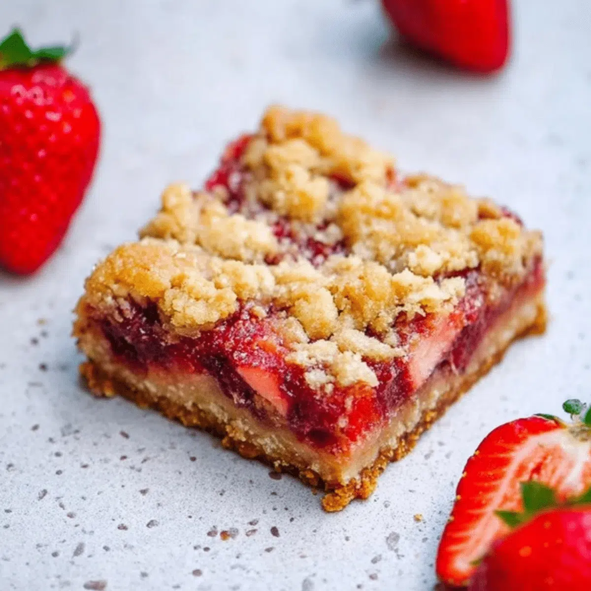 Golden-baked strawberry oatmeal crumble bars with vibrant fruit filling.