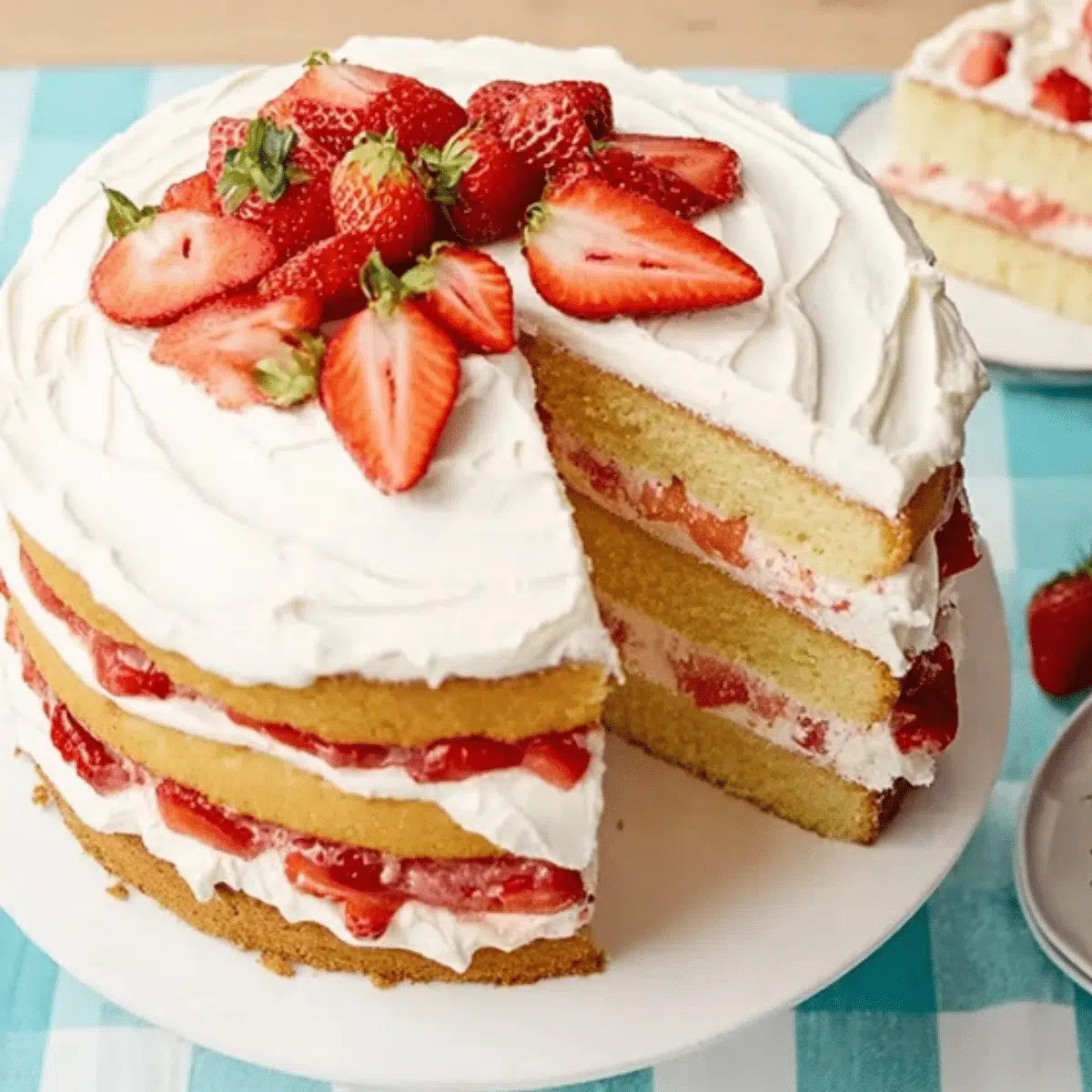 Strawberry shortcake cake with fresh berries and whipped cream.