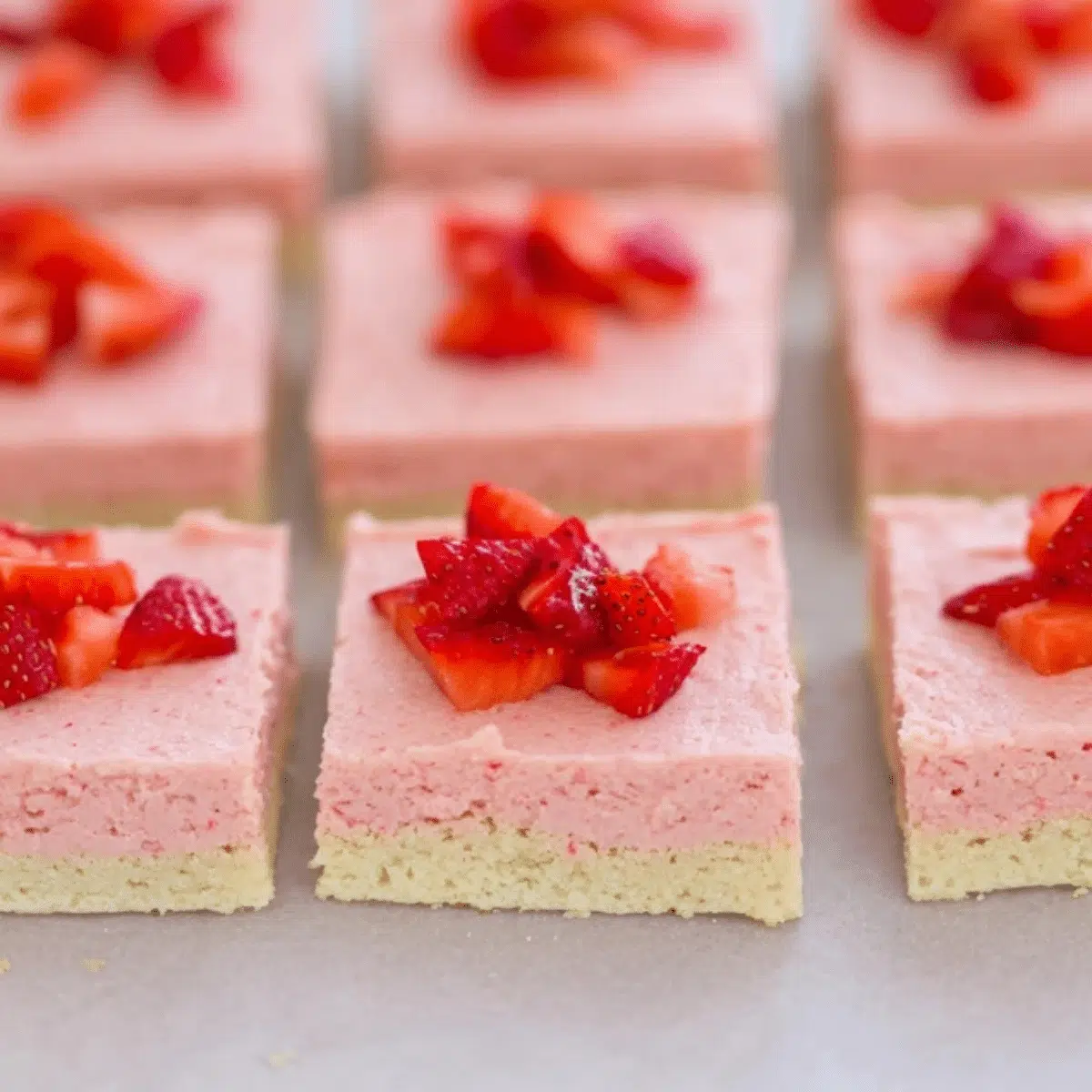 Strawberry sugar cookie bars with white glaze and fresh strawberry slices.