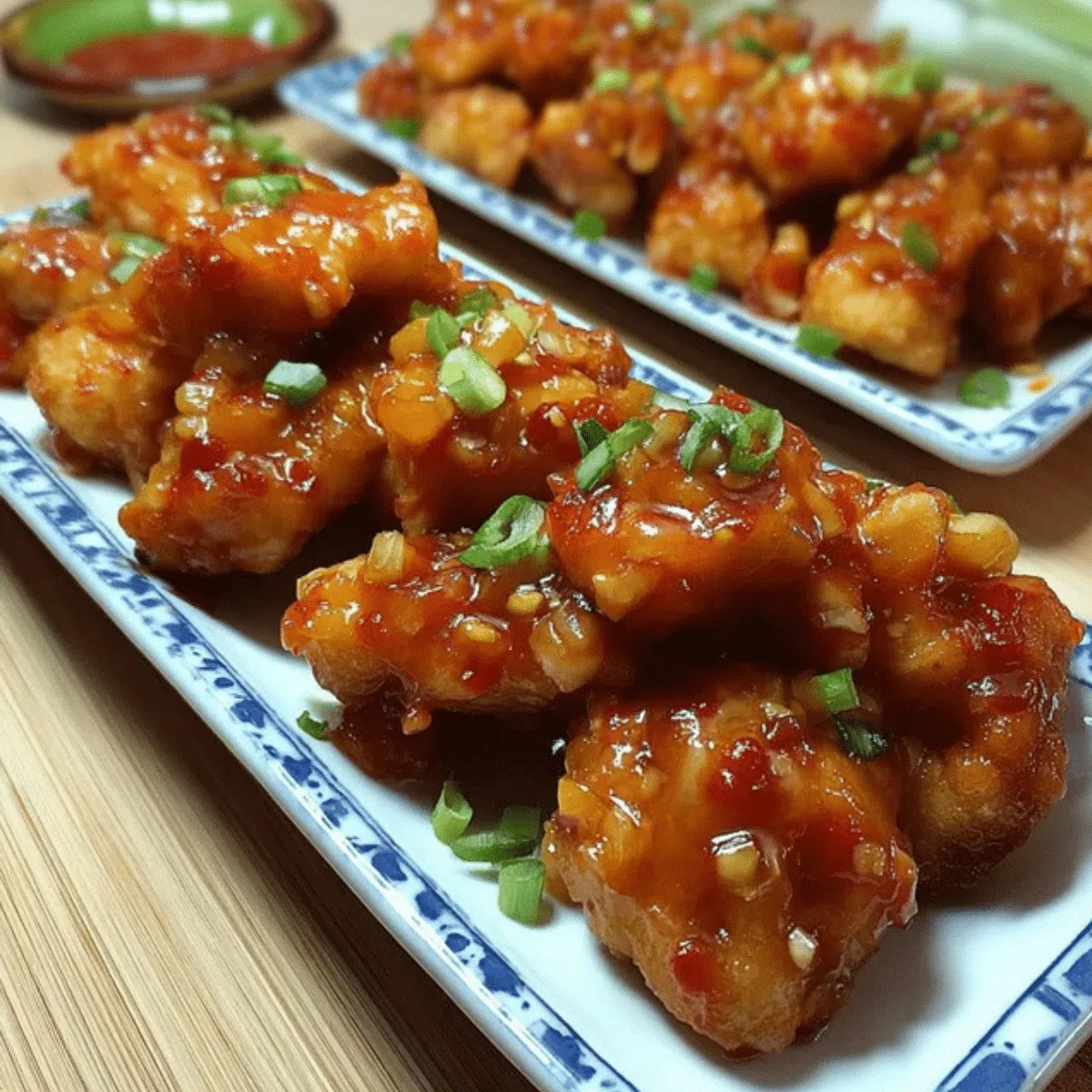 Crispy sweet chili chicken bites on a plate