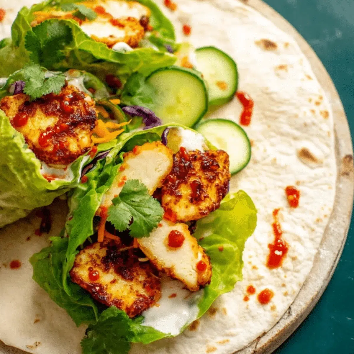 Sweet chili halloumi wraps plated with fresh cilantro and lime.