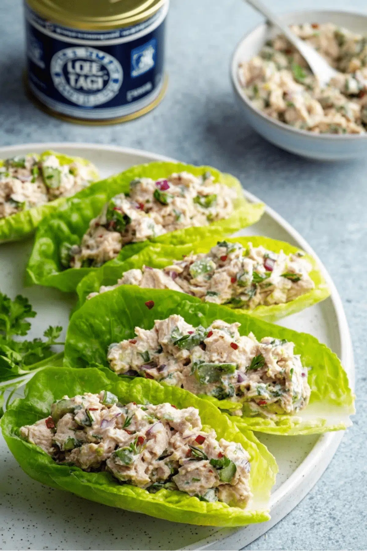 Tuna salad boats in crisp lettuce cups, a quick healthy lunch.