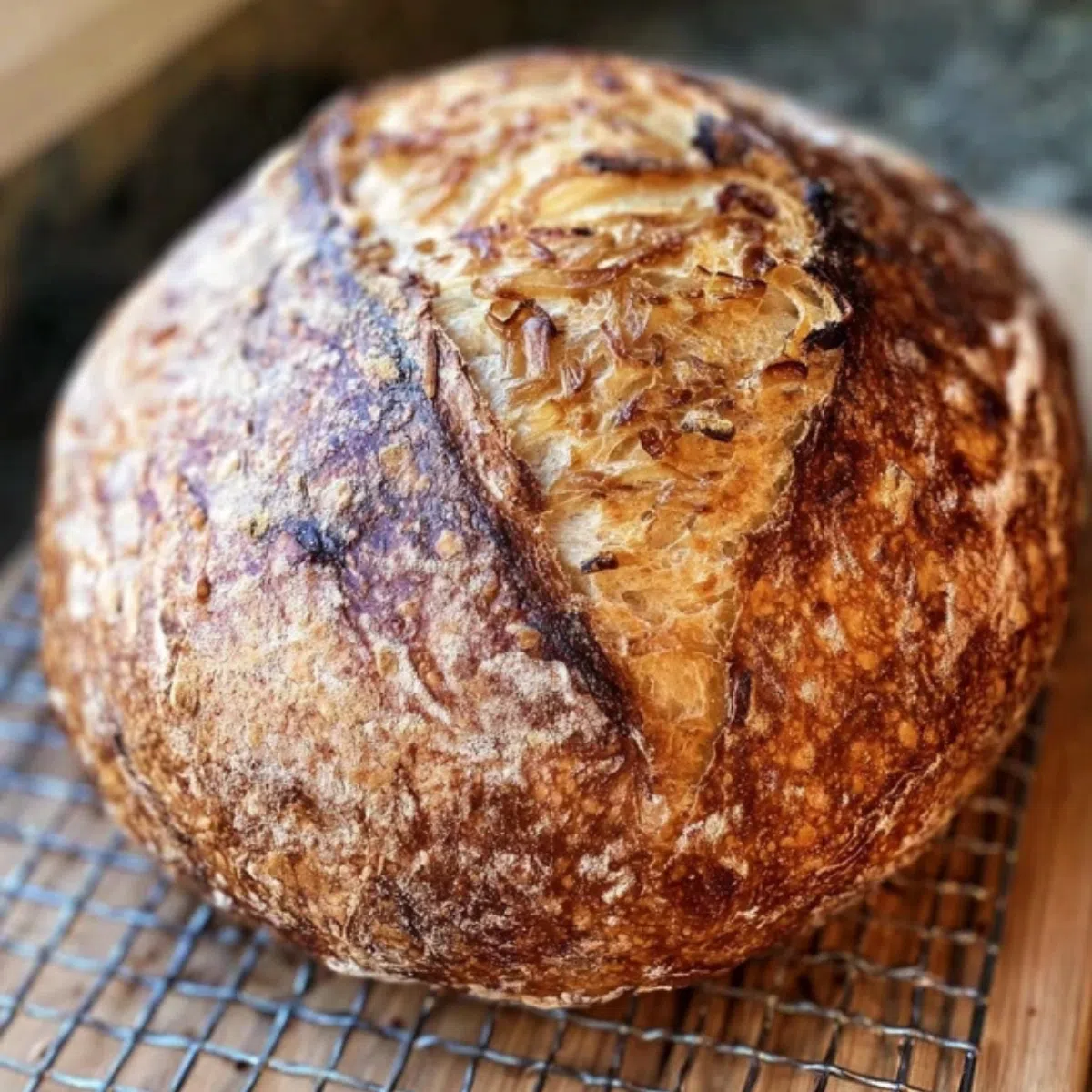 Golden-crusted caramelized onion sourdough loaf on a cutting board.
