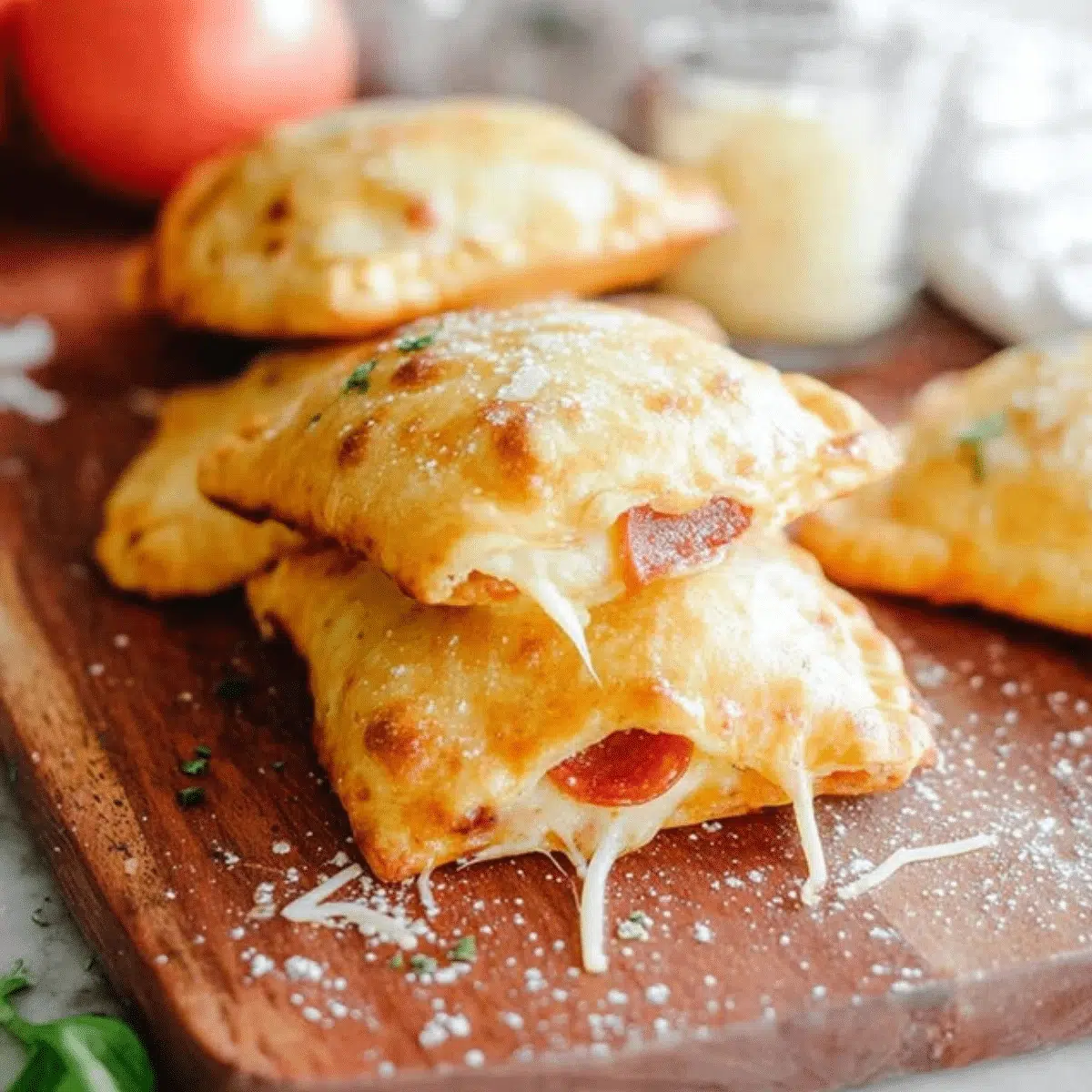 Homemade cheesy pizza pockets with melted mozzarella.