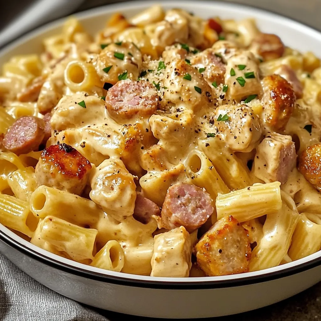 Creamy Pepper Jack chicken sausage pasta in a bowl.