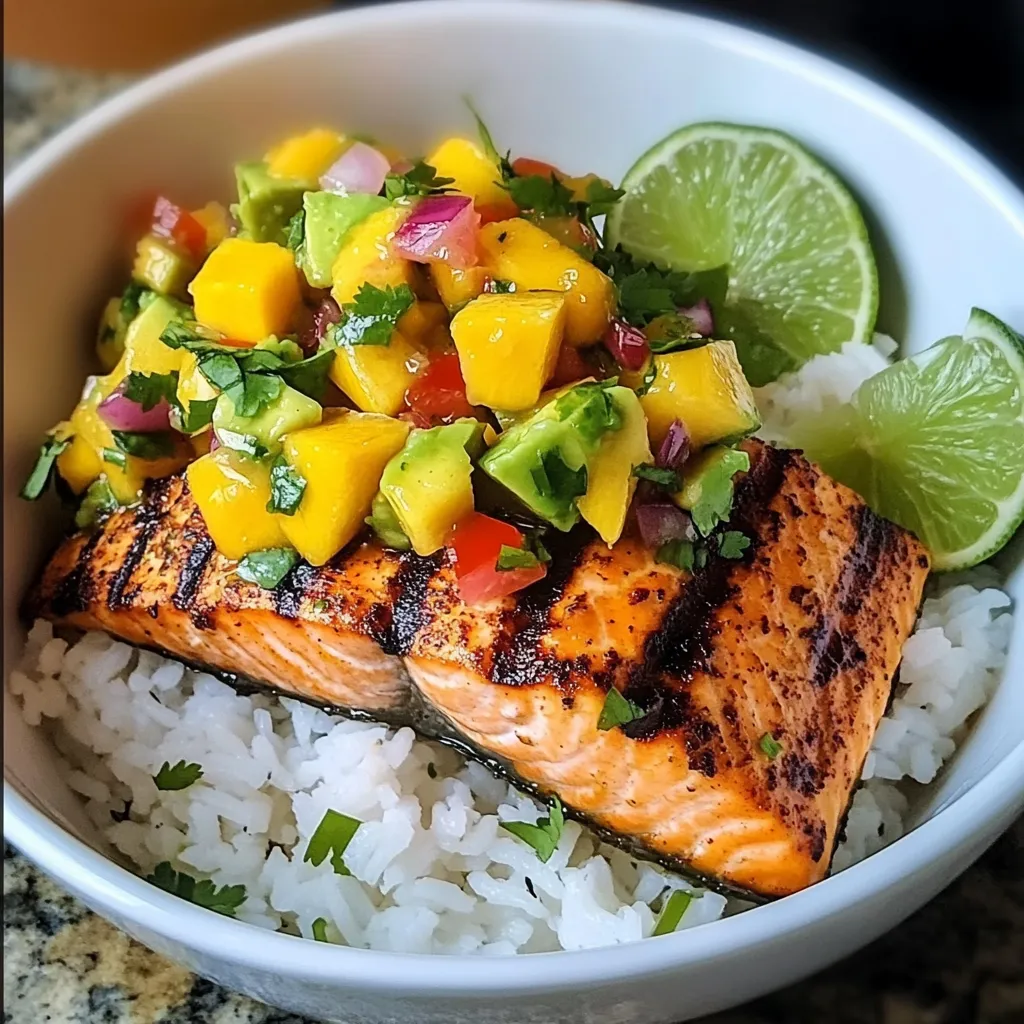 Tropical grilled salmon with vibrant mango avocado salsa and coconut rice.