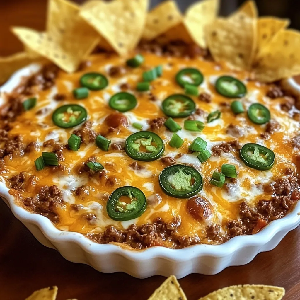 Meaty Texas Trash Dip with refried beans in a party serving bowl.