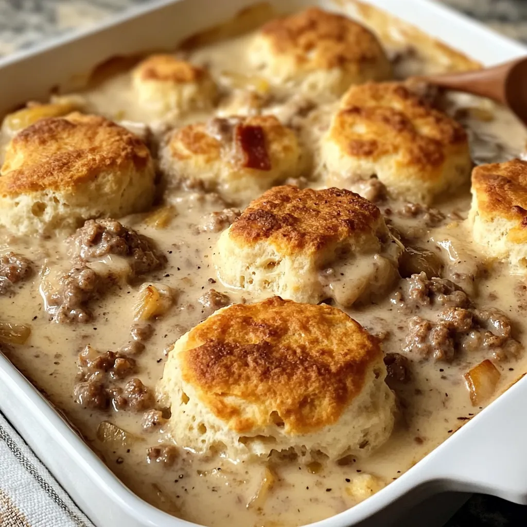 Cheesy hash brown casserole with biscuits and sausage gravy