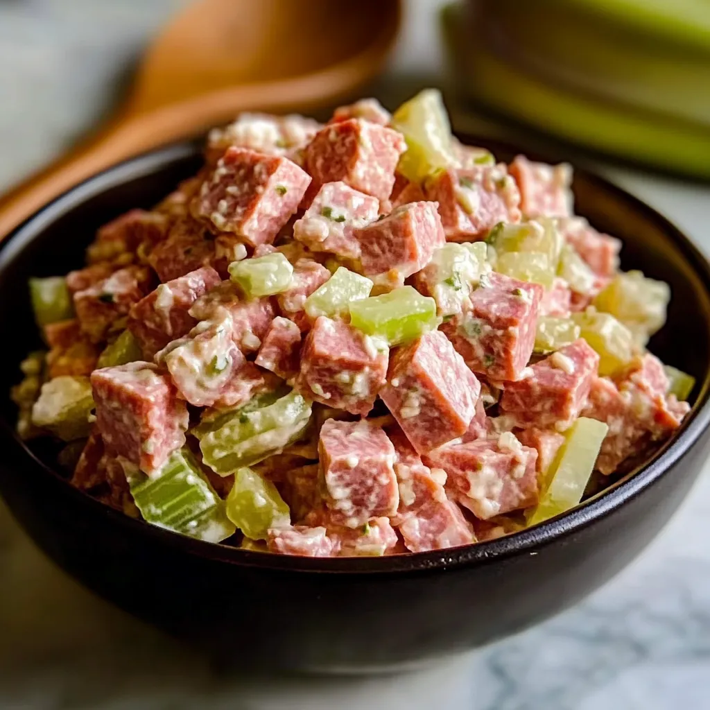Creamy and crunchy old-fashioned bologna salad in a serving bowl.