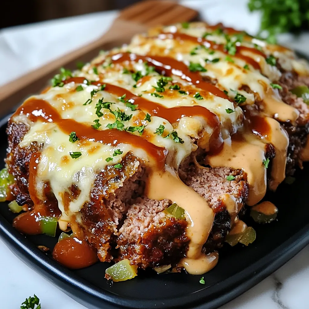 Philly cheesesteak meatloaf slice with melted provolone cheese and caramelized onions.