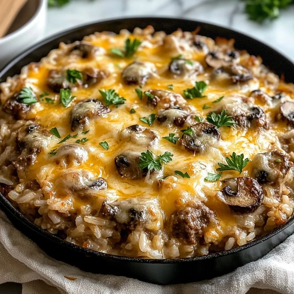 Creamy beef and mushroom rice bake in a single pan.