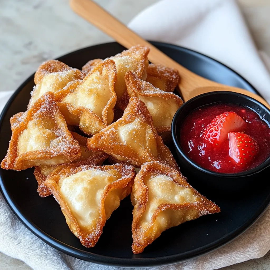 Crispy golden deep-fried strawberry cheesecake wontons, dusted with powdered sugar.