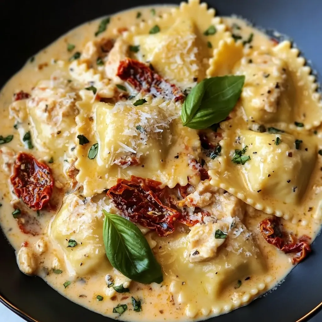 Creamy sundried tomato chicken ravioli served on a plate for a quick weeknight meal.