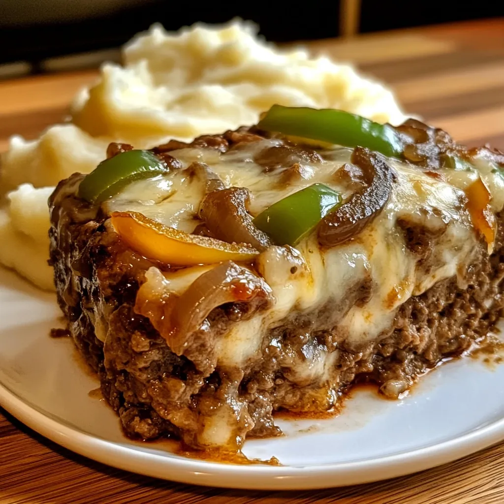 Philly Cheesesteak Meatloaf slice with melted provolone, sautéed onions, and peppers.