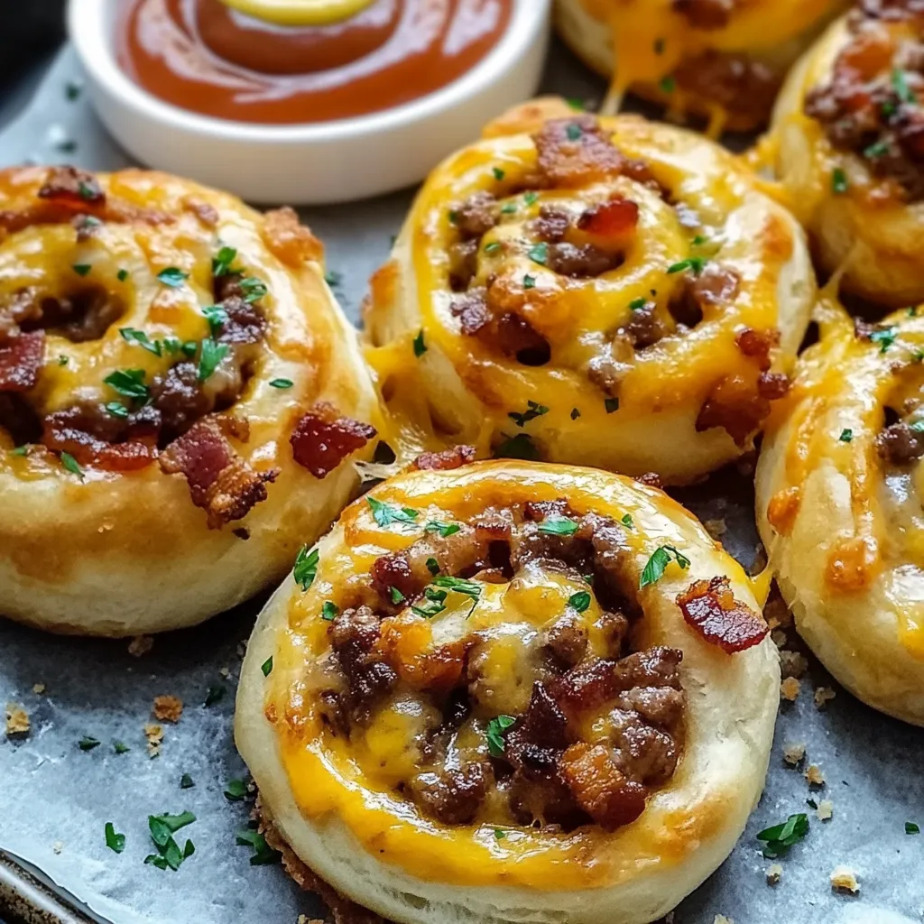 Golden brown garlic butter bacon cheeseburger crescent roll-ups.
