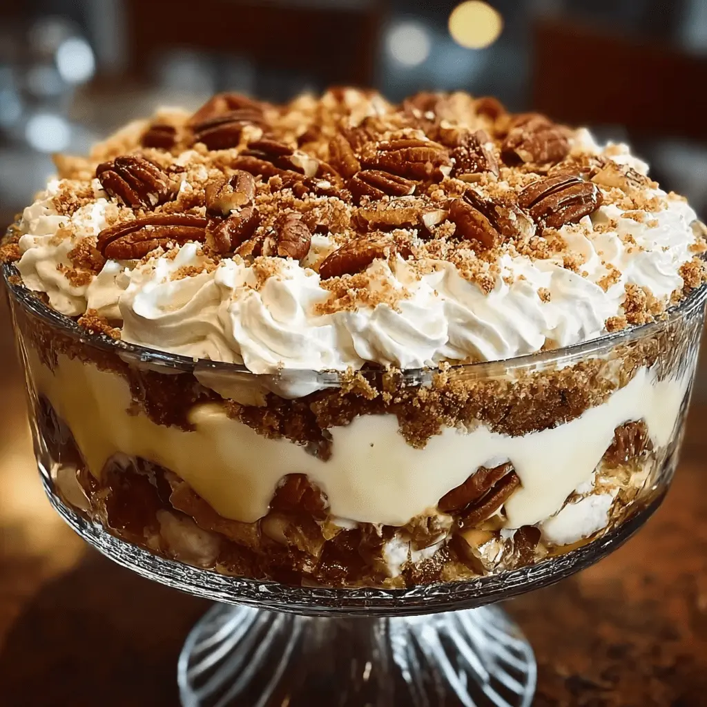 Layered no-bake pecan pie cheesecake trifle in a glass serving dish.