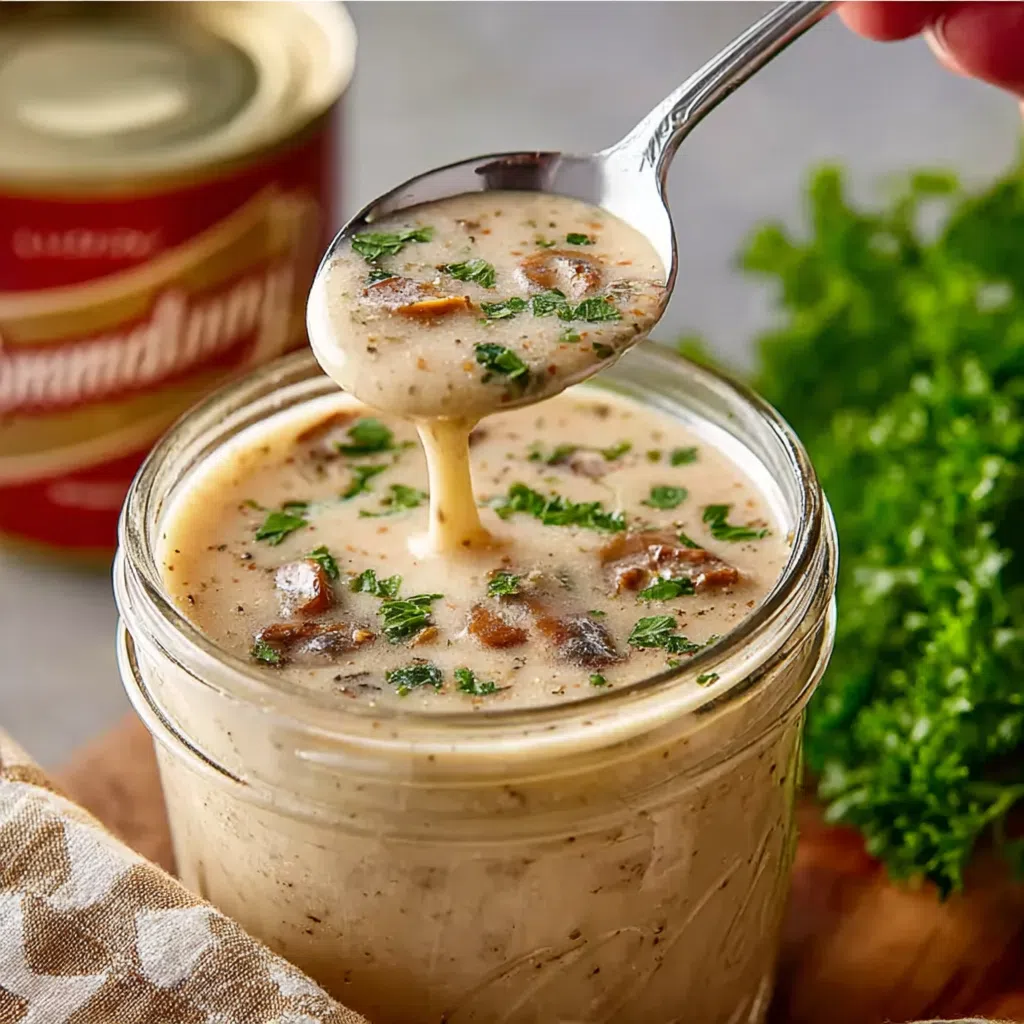 Steaming bowl of gluten-free creamy mushroom soup, garnished with fresh herbs.