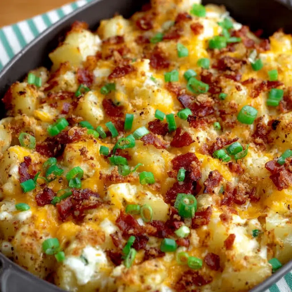One-pan chicken bacon ranch potato bake, golden and bubbly.