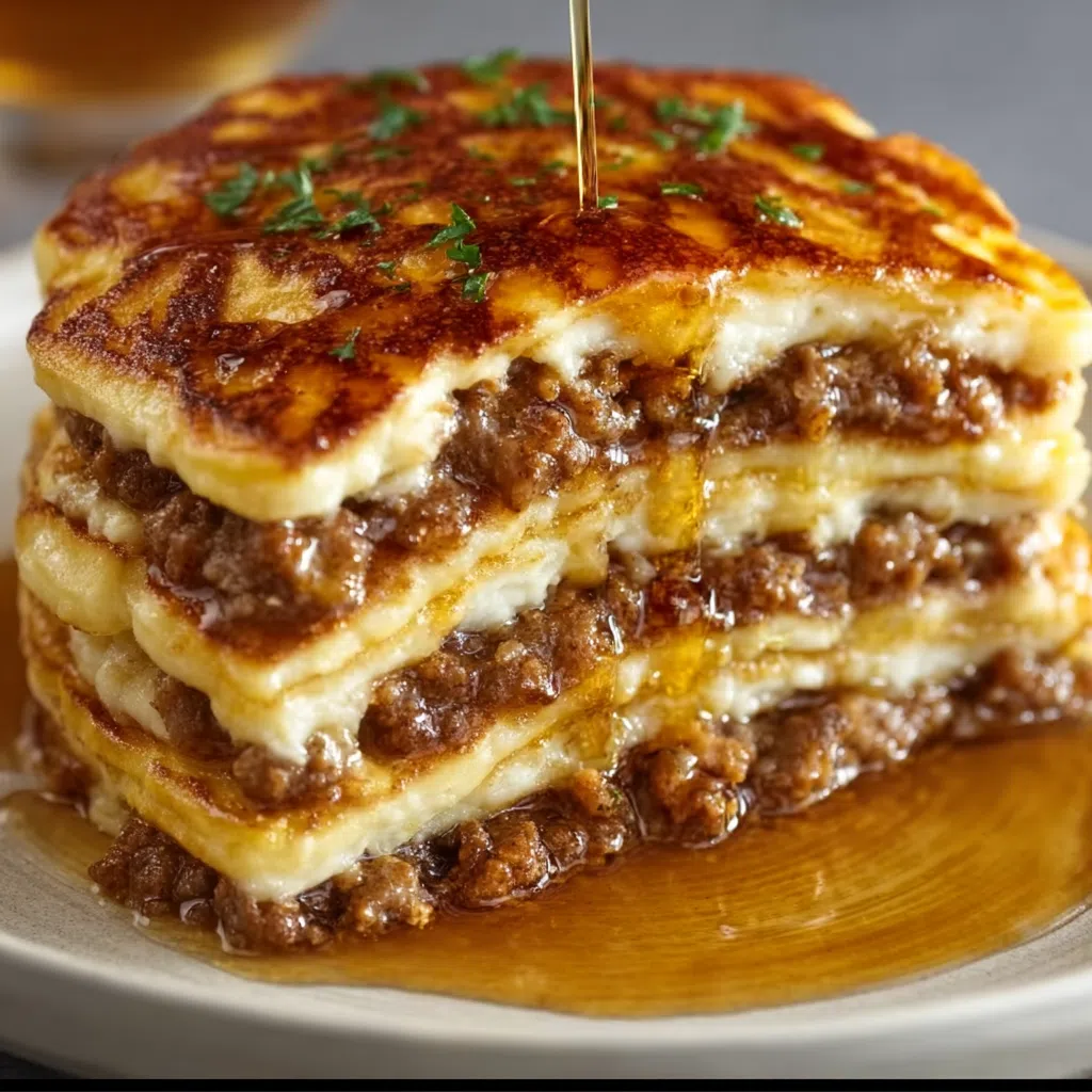 Baked sweet and savory pancake and sausage breakfast casserole.