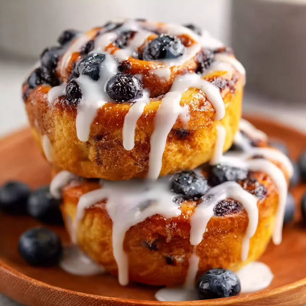 Homemade blueberry cinnamon roll cups with sweet glaze and fresh blueberries.