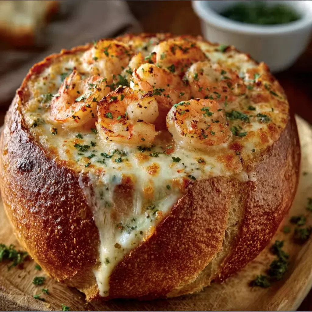 Decadent stuffed seafood bread bowls on a table