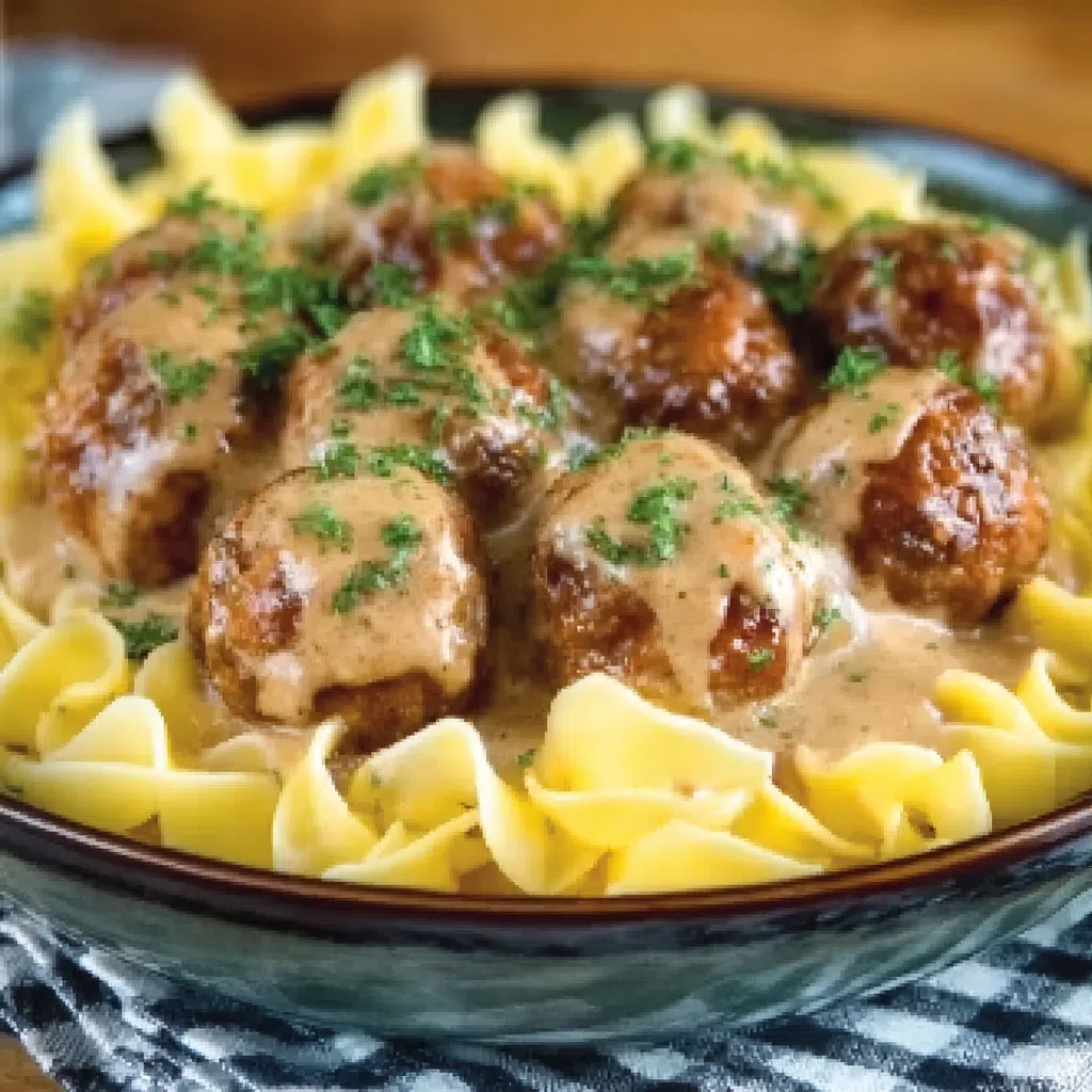 Creamy crock pot Swedish meatballs in a serving dish, garnished with parsley.
