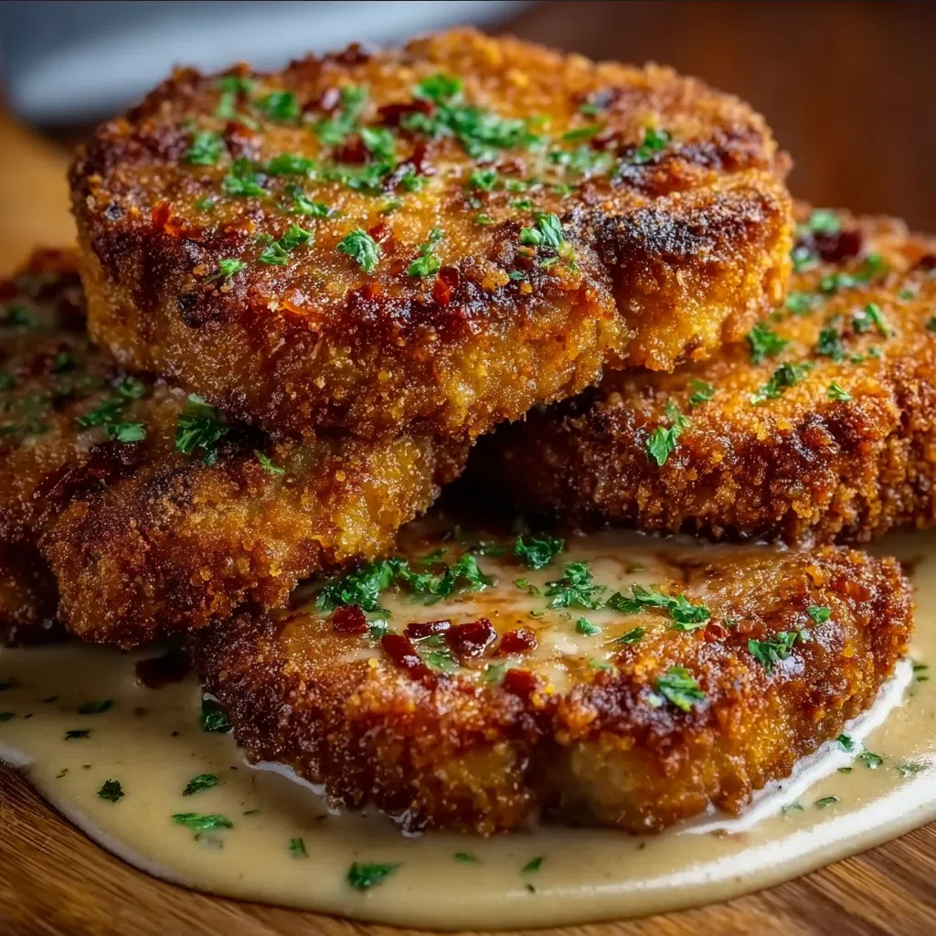 Crispy country fried pork chops with creamy bacon gravy on a plate.