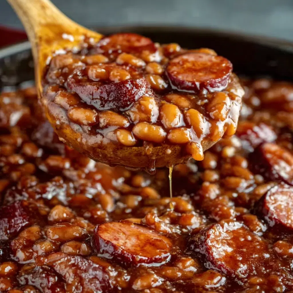 Hearty beans and sausage skillet with fresh herbs, a classic comfort food.