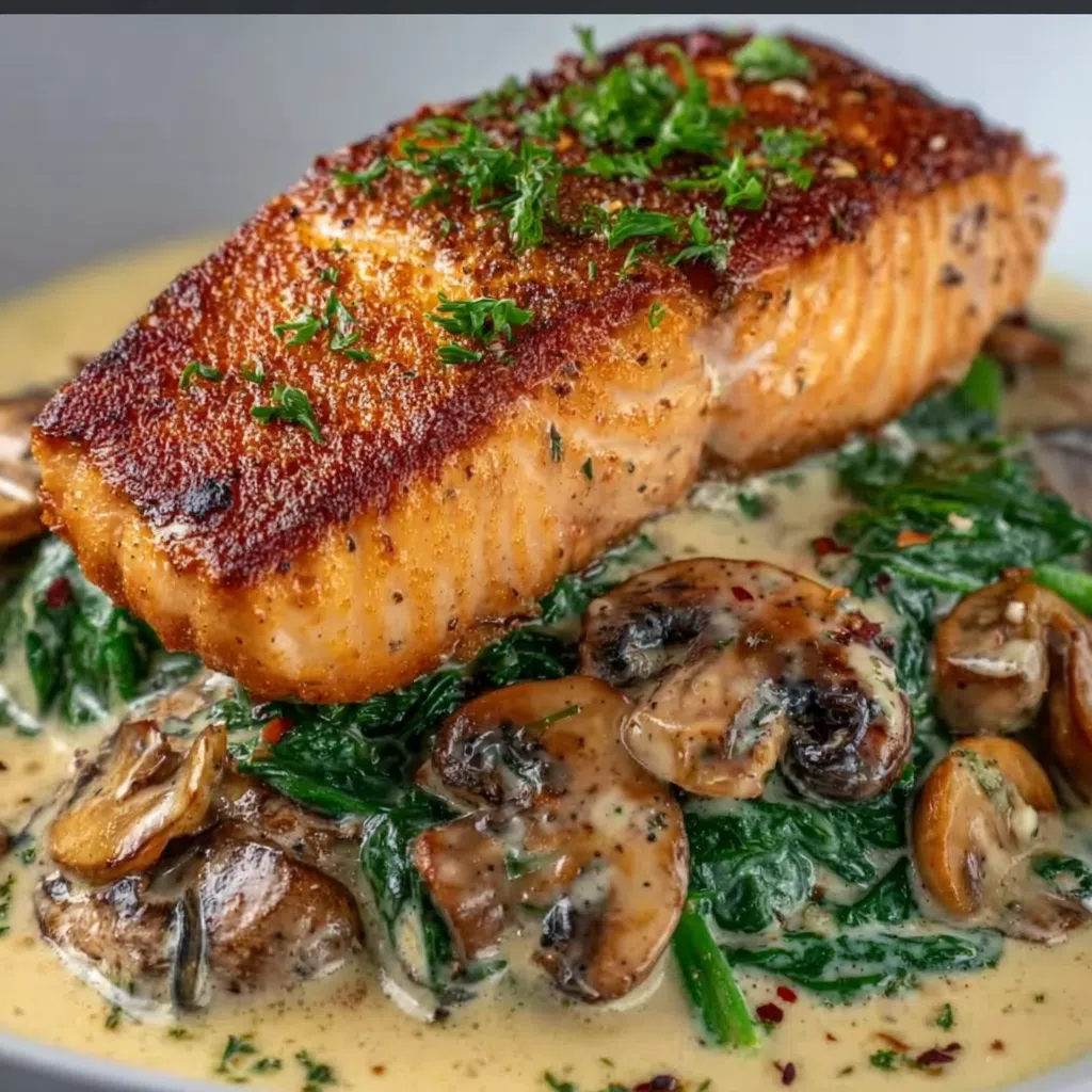 Healthy garlic butter salmon with spinach-stuffed mushrooms, plated.